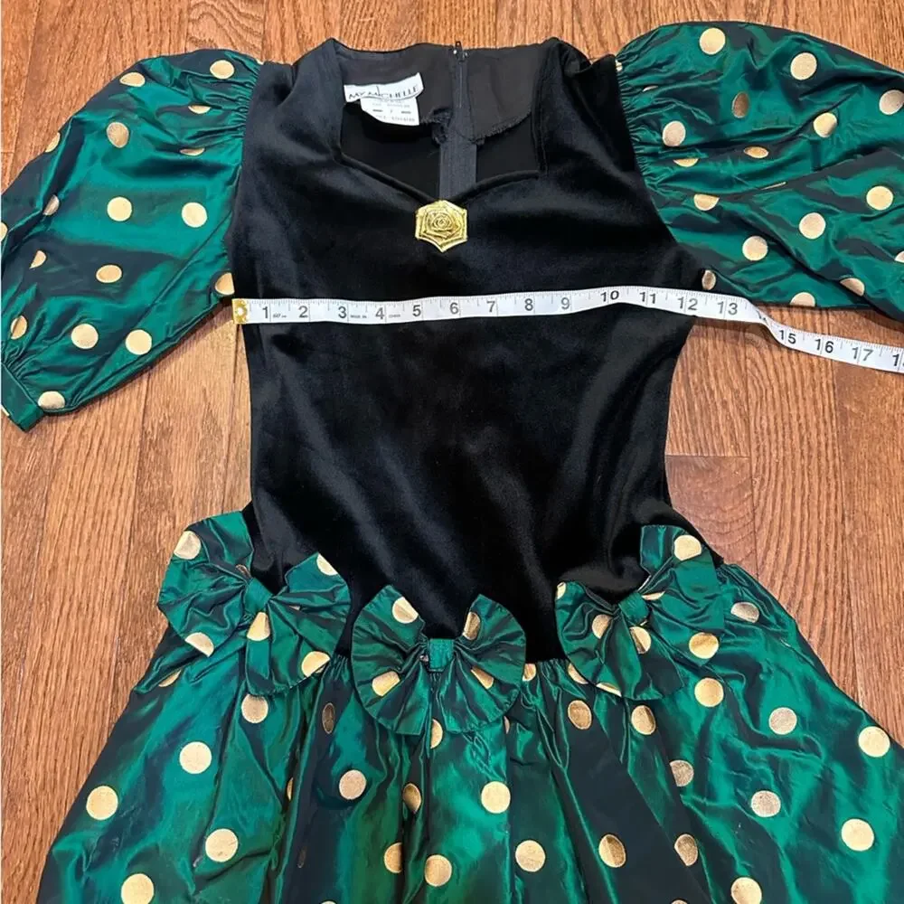 RARE Vintage My Michelle 80s Party Dress Girls 7 Gold Green Black Polka Dots